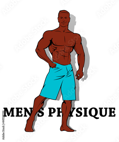 Muscle man silhouette graffiti icon, lifting weights fitness gym icon, athlete men's physique banner, bodybuilder logo on empty background, athlete men's bare torso. Men's physique lettering