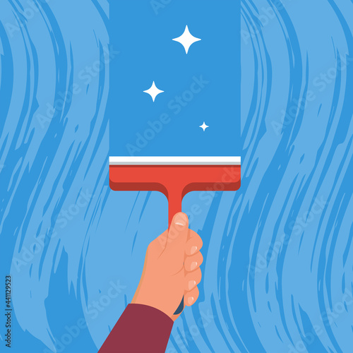 Man washes a window. Glass in foam. Cleaning the window. Cleaner in hand. Vector illustration flat design. Isolated on white background.