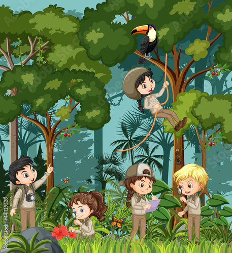 Forest scene with many children doing different activities