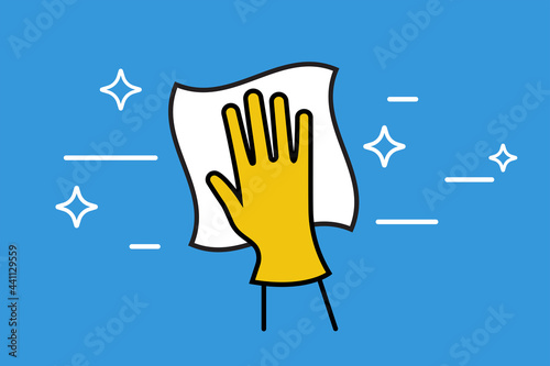 Landing page cleaning service. Black outline icon. Hand in glove with a rag. Cleanliness and shine. Hygiene and disinfection. House keeping concept. Work at home. Vector illustration flat design.