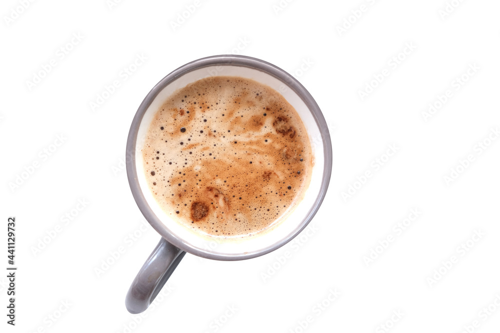 isolated Cappuccino coffee in gray cup and saucer, ruddy fresh croissants, concept fresh pastries, morning coffee, caffeine addiction, energy boost isolated Cappuccino coffee in gray cup and saucer, ruddy fresh croissants, concept fresh pastries, morning coffee, caffeine addiction, energy boost