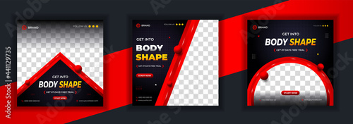 Fitness gym social media post banner template. gym social media post banner, Fitness social media post design template set. fitness and gym ads. red and black fitness gym social media post banner