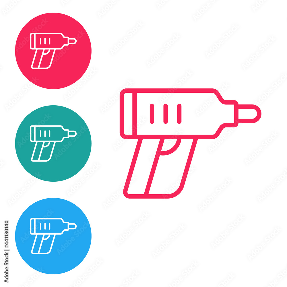 Red line Electric cordless screwdriver icon isolated on white background. Electric drill machine. Repair tool. Set icons in circle buttons. Vector Red line Electric cordless screwdriver icon isolated on white background. Electric drill machine. Repair tool. Set icons in circle buttons. Vector