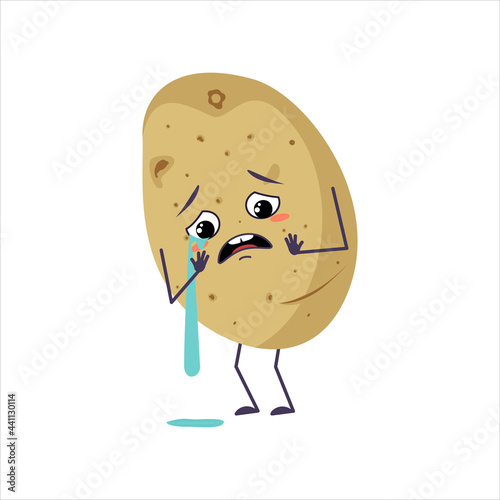Cute potato character with crying and tears emotions, face, arms and legs. The funny or sad food hero, vegetable. Vector flat illustration