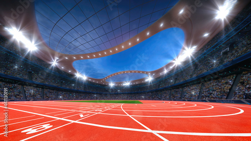 Magnificent athletic sport stadium full of fans, view over the finish line. Professional digital 3d illustration of sports. photo
