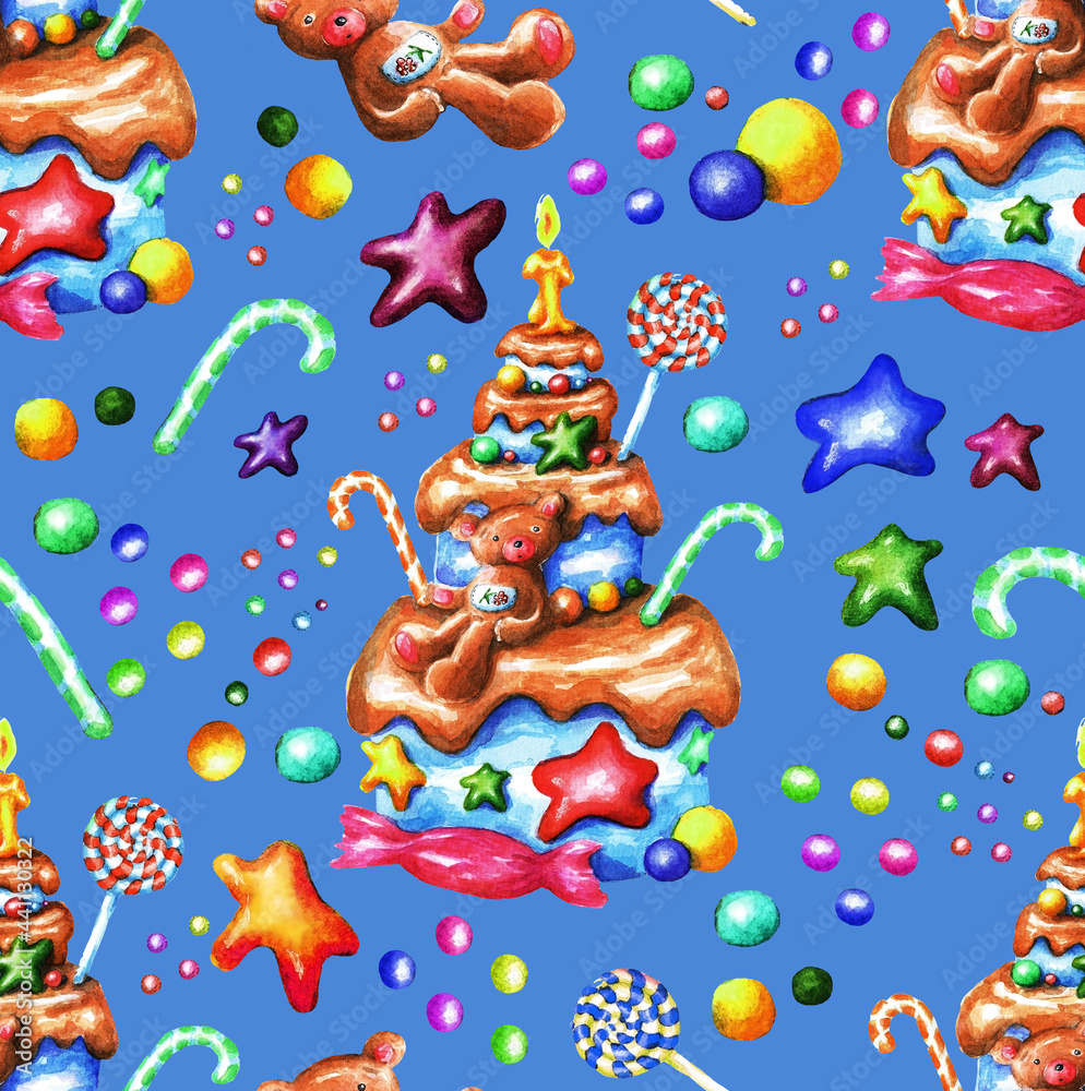 Festive children's cake. Seamless watercolor pattern (3)