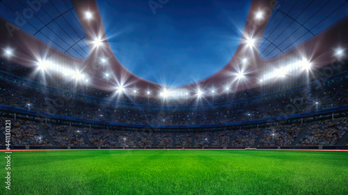 Magnificent athletic sport stadium full of fans and empty grass field. Professional digital 3d illustration of sports.