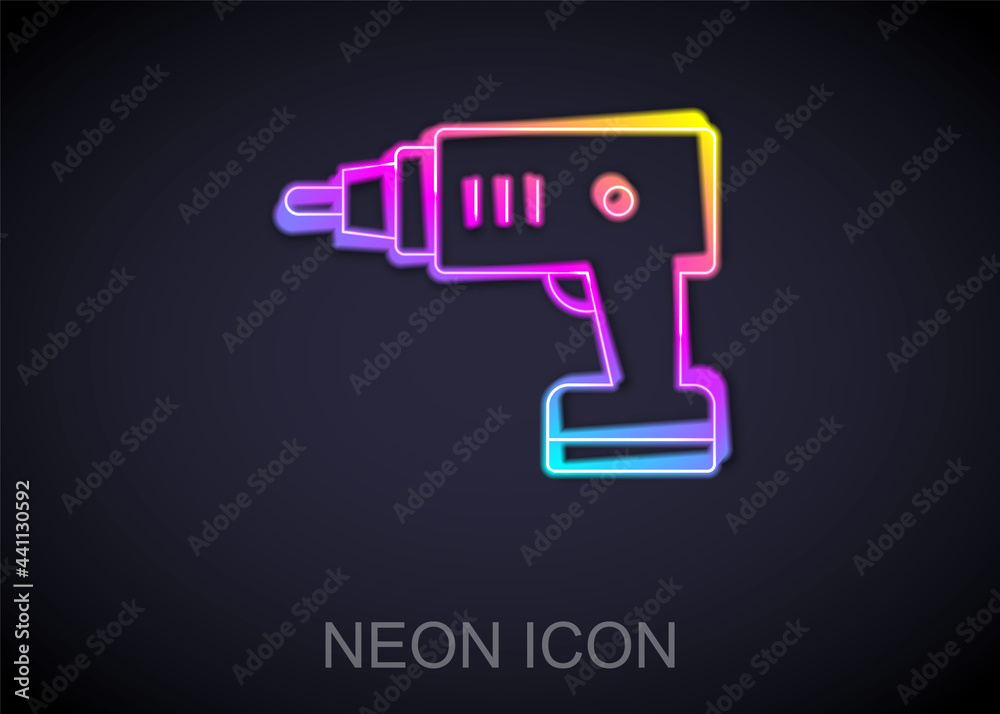 Glowing neon line Electric cordless screwdriver icon isolated on black background. Electric drill machine. Repair tool. Vector