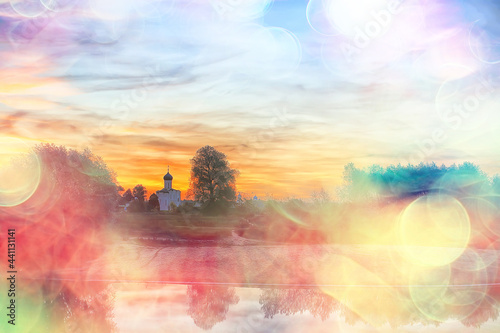cover on the nerl, landscape church at sunset sun and sky, golden ring vladimir view photo
