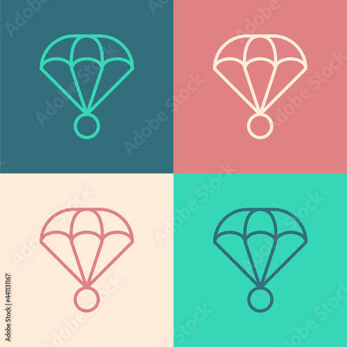 Pop art line Parachute icon isolated on color background. Extreme sport. Sport equipment. Vector