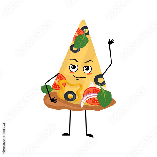 Cute pizza character with emotions, face, arms and legs. The funny or proud, domineering food