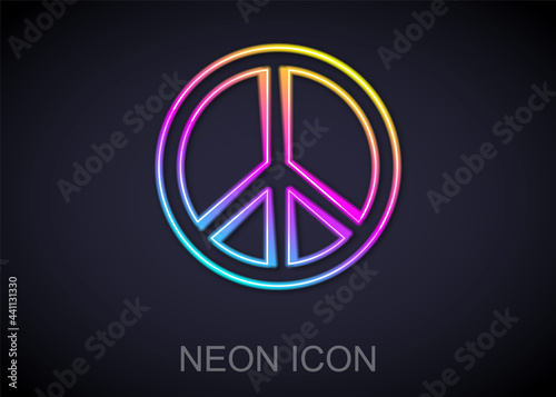 Glowing neon line Peace icon isolated on black background. Hippie symbol of peace. Vector