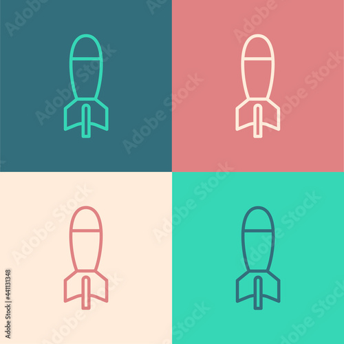 Pop art line Rocket launcher with missile icon isolated on color background. Vector