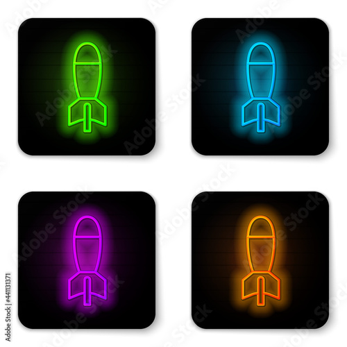 Glowing neon line Rocket launcher with missile icon isolated on white background. Black square button. Vector