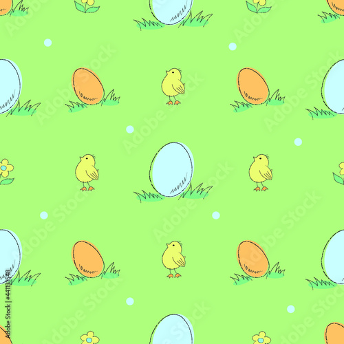 Easter vector seamless pattern with colored eggs and little chicken on green background.