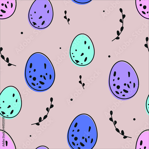 Easter vintage vector seamless pattern with eggs and branches. Colored eggs on beige background.
