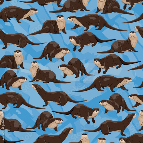 Seamless pattern with Eurasian otter Lutra lutra. The Eurasian river otter. Wild semiaquatic mammal of Eurasia. Realistic vector animal