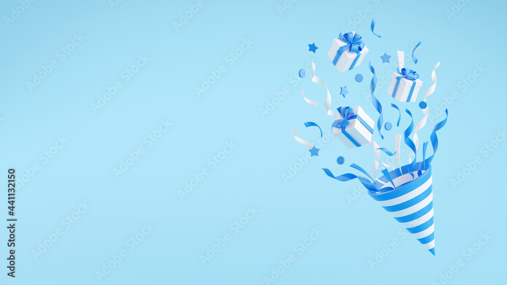 Party popper with flying confetti and gift boxes 3d render illustration.