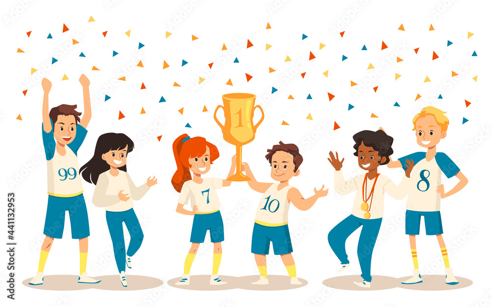 Fototapeta premium Children team of champions with trophy cup, flat vector illustration isolated.