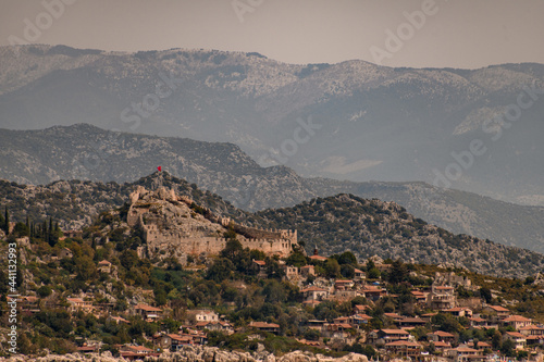 aerial view at beautiful mountain landscape and ruins of castle on island Kekova. © fesenko
