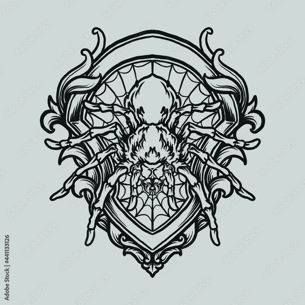 Obraz premium tattoo and t shirt design black and white hand drawn spider engraving ornament