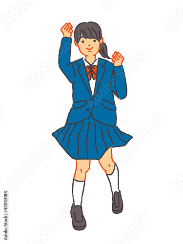 ガッツポーズで応援する女子学生（全身）