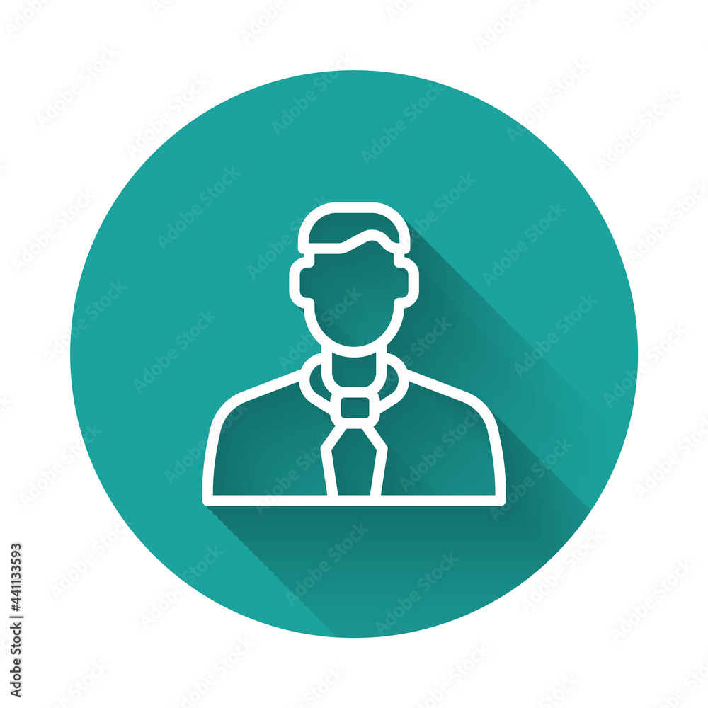 White line Worker icon isolated with long shadow background. Business avatar symbol user profile icon. Male user sign. Green circle button. Vector