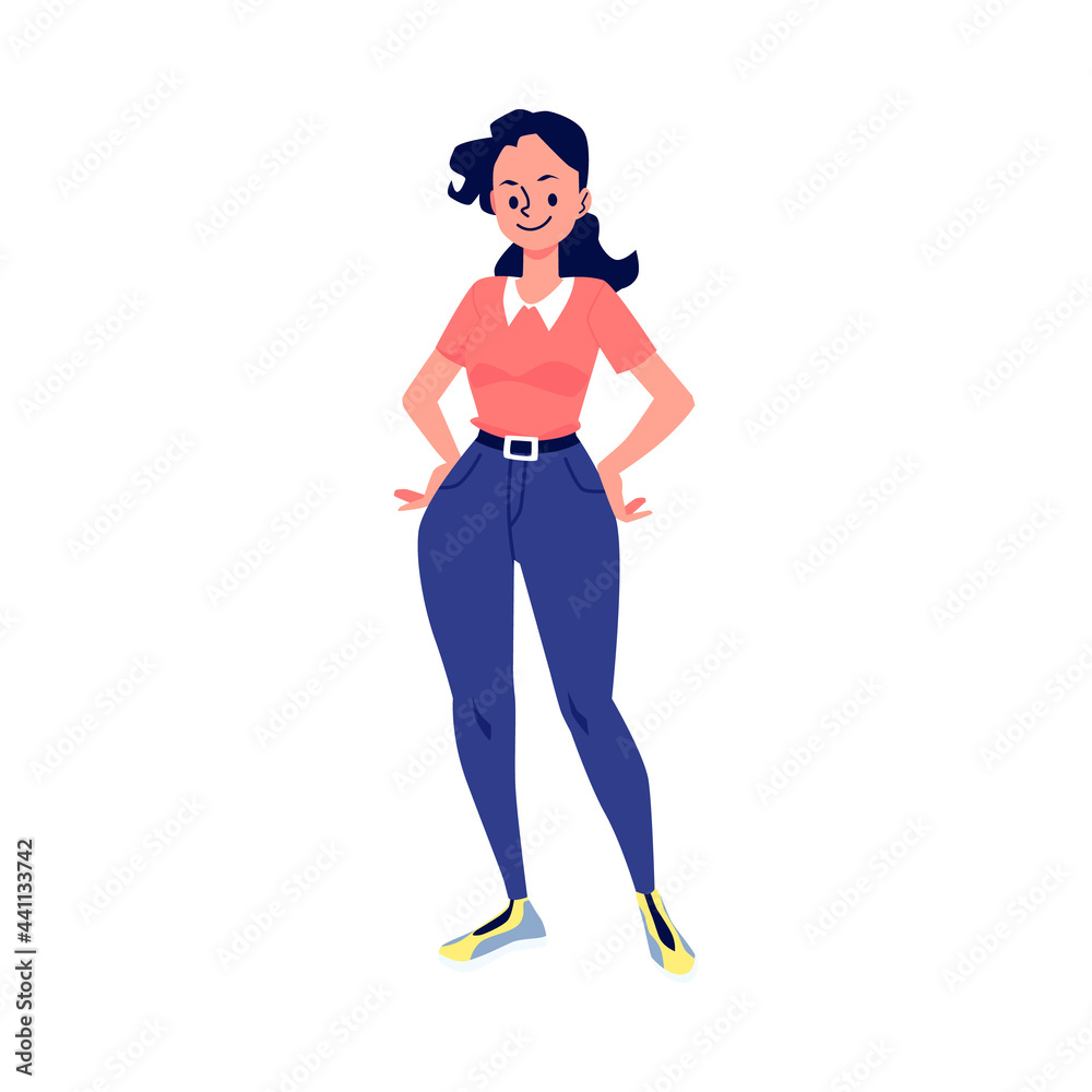 Young attractive woman stands hands on hips, flat vector illustration isolated. Young attractive woman stands hands on hips, flat vector illustration isolated.