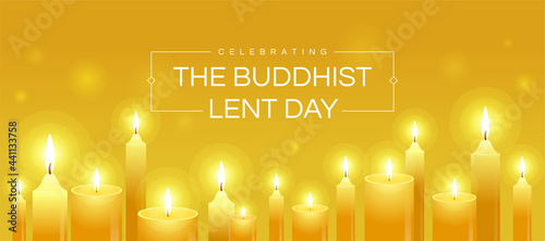 Celebrating The Buddhist lent day text in frame and yellow candles light to pray on yellow background vector design