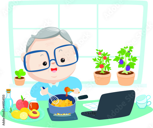 Happy grandfather is cooking food in his kitchen 
by using recipe from the internet vector illustration.
Learning cooking online from home. 