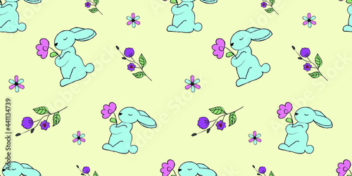 Vector seamless pattern with cute blue rabbit and flowers on yellow background.