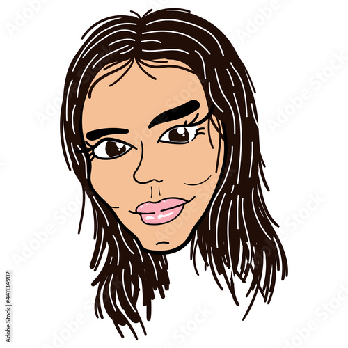 Portrait illustration of a beautiful and perfect brunette woman. Hand drawn brunette girl.
