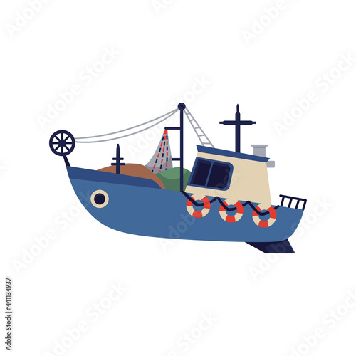 Small fishing boat or launch with nets, flat vector illustration isolated.