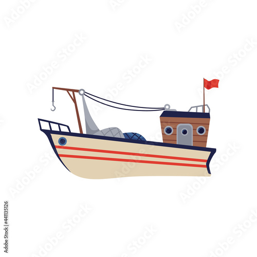 Fishing trawler or boat with net hoist, flat vector illustration isolated.