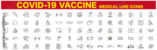 Set of Coronavirus and Vaccine line icons, covid19, Medical mask, health, contagious, epidemic, outbreak, Vector