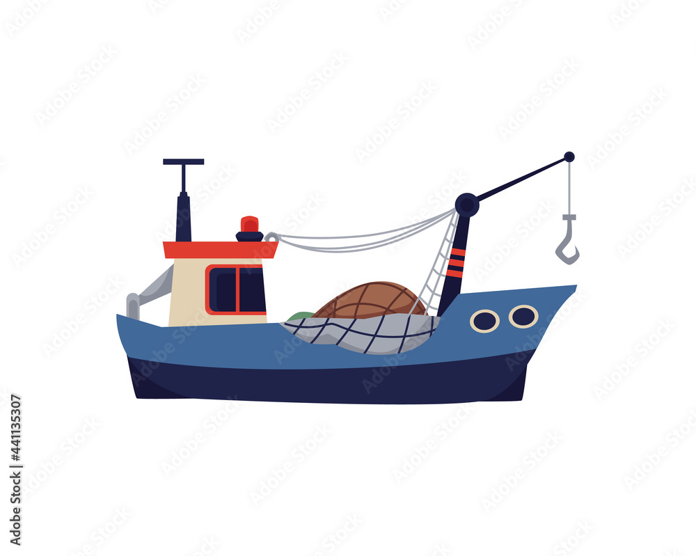 Cartoon symbol of fishing trawler or boat, flat vector illustration isolated. Cartoon symbol of fishing trawler or boat, flat vector illustration isolated.