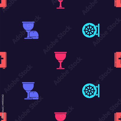 Set Dharma wheel, Holy grail or chalice, and bible book on seamless pattern. Vector