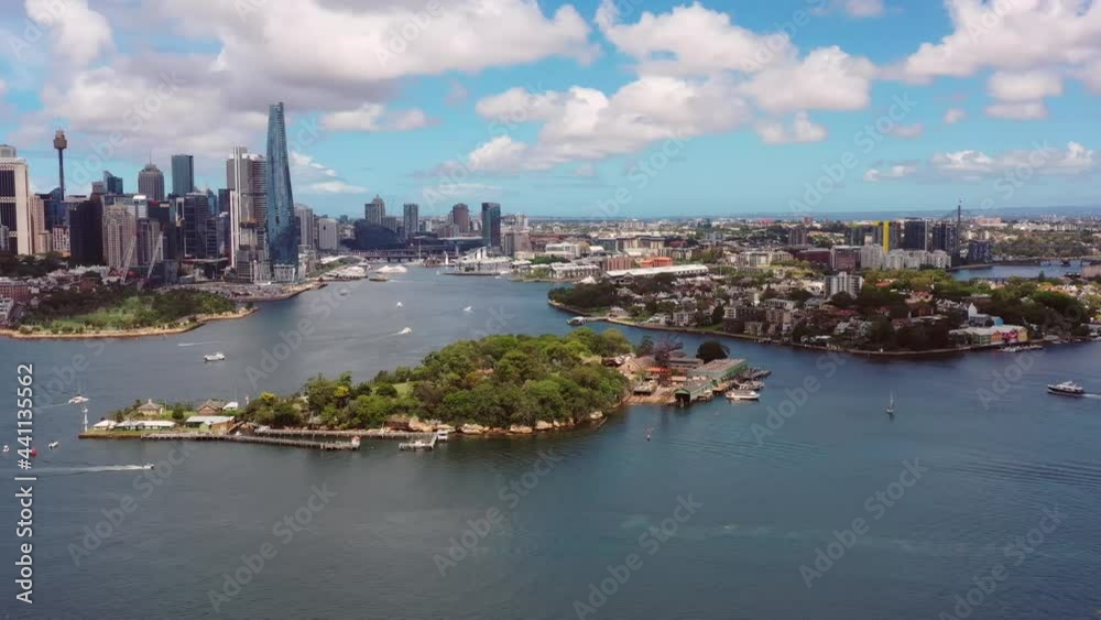 Sydney harbour and CBD landmarks in wide aerial panorama North Sydney 4k.
Sydney harbour and CBD landmarks in wide aerial panorama North Sydney 4k.