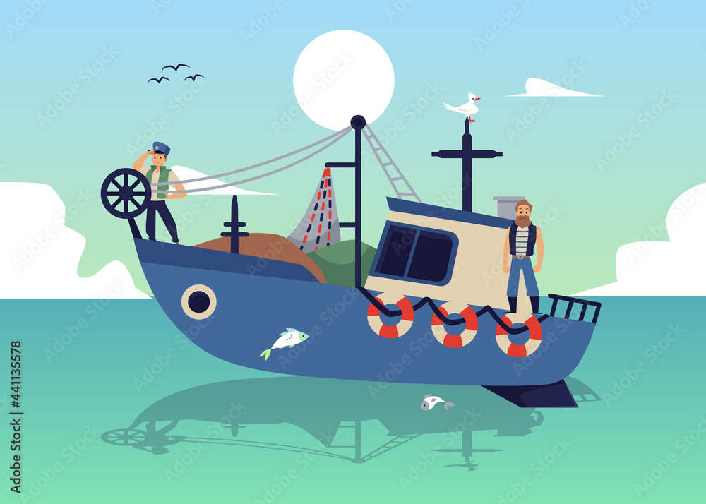 Seascape with fishers on launch boat fishing with net flat vector ...