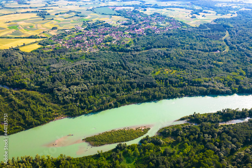 Aerial view of Drava river and Legrad village, Podravina region of Croatia