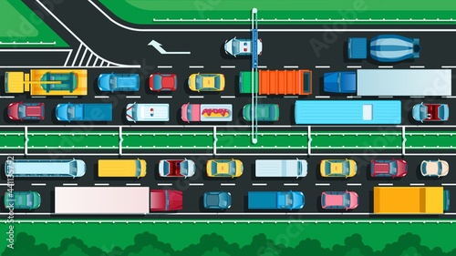 Top view highway with traffic jam. Many different cars on city street. Transportation problem, urban transport on jammed road vector illustration. Vehicles moving slowly on way lanes