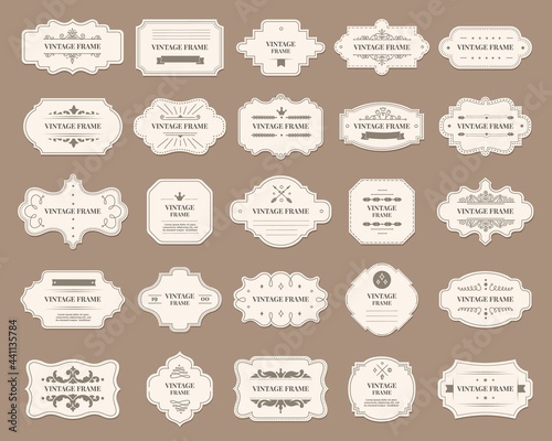 Ornamental label frames. Old ornate labels, decorative vintage frame and retro badge. Royal wedding insignia, sale sticker or invitation card. Isolated vector symbols set. Luxury curly messages photo