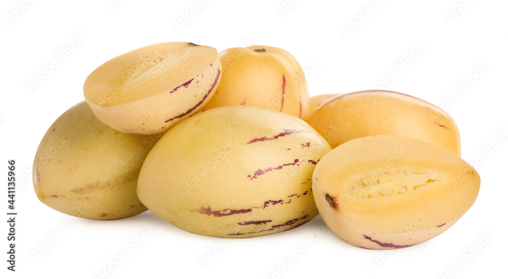 Fresh ripe pepino melons on white background