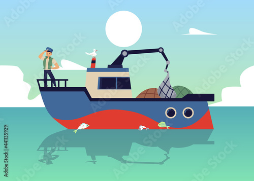 Marine background with fishing boat or launch at sea, flat vector illustration.
