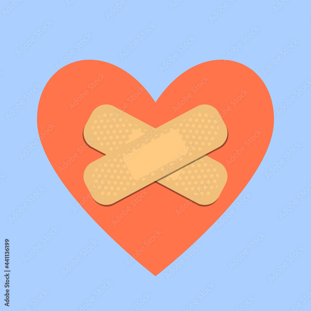 Sticking plaster on red heart silhouette. Medical patch isolated on white background. healing concept. Stock vector illustration.