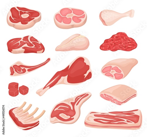 Cartoon fresh meat. Raw beef, lamb leg, steak, rack of pork ribs, minced meat, bacon. Variety cooking farm product ingredient vector set. Butcher shop or store, meal for bbq or grill