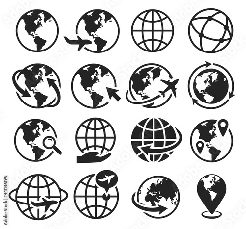 Earth icons. International communication, internet, go to web, worldwide traveling by plane. Globe world geography symbol silhouette vector set. Exploration, locations on globe map