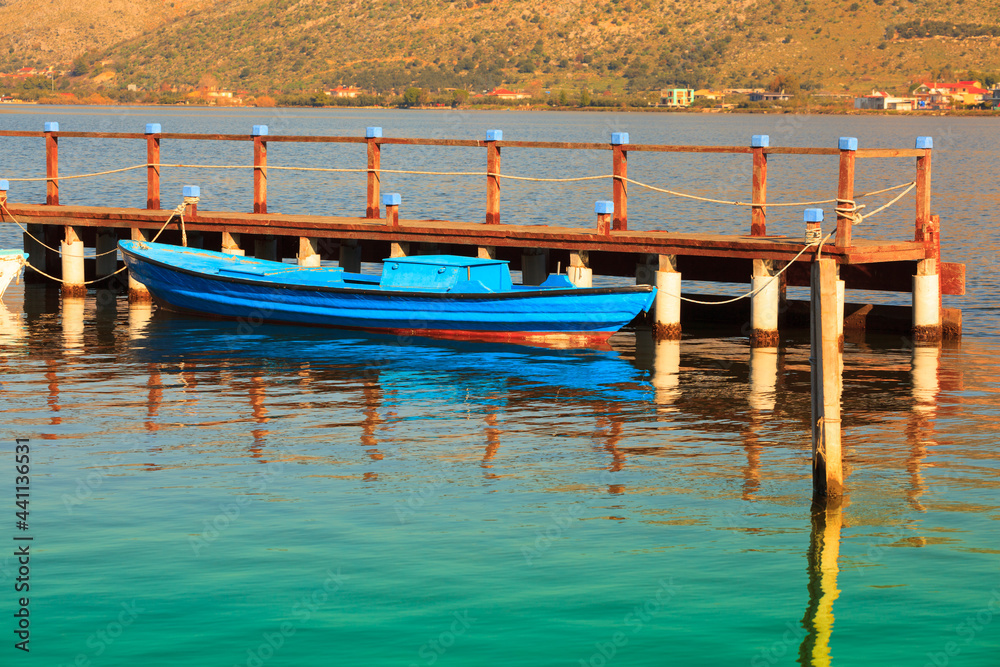 Bluel boat with, in Aitoliko sea lake in Central Greece