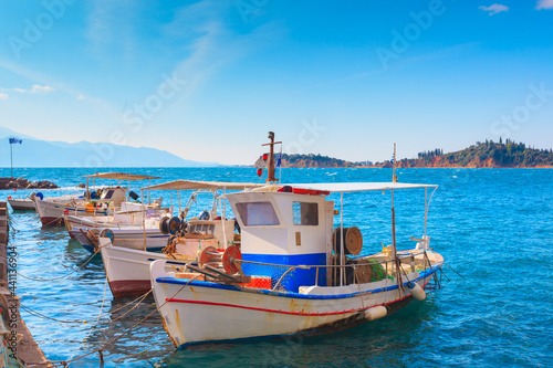Greece Nafpactos port view at Monastiraki, central Greece