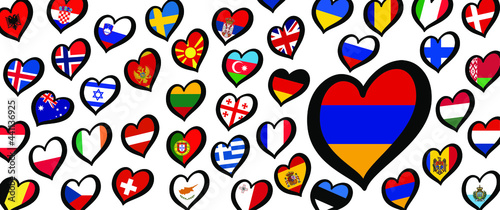 Armenia flag and different countries flags with heart flags logo. For Europe, eurovision music song festival, contest. Music songs for vision dreams. Vector euro TV icon pattern. 